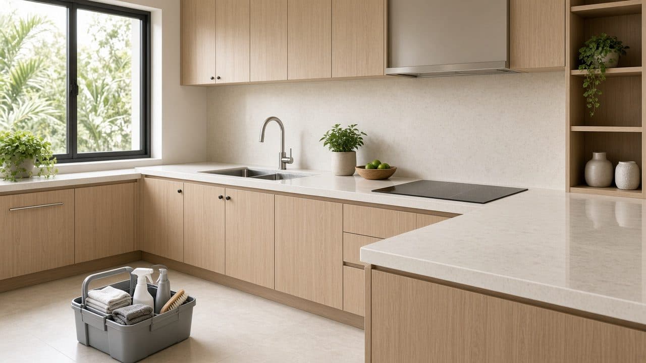 Dapur apartemen yang bersih menyeluruh dengan peralatan cleaning tertata.