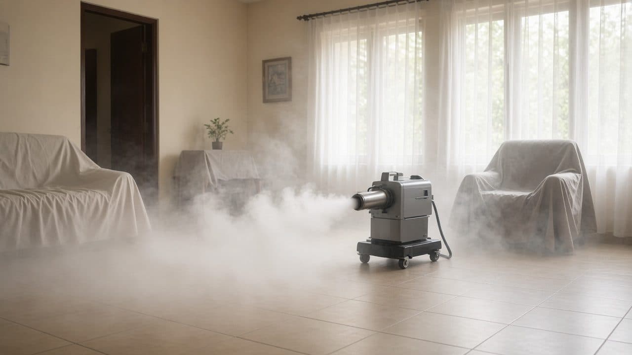 Kabut disinfektan menyebar di ruang keluarga yang perabotnya ditutup.