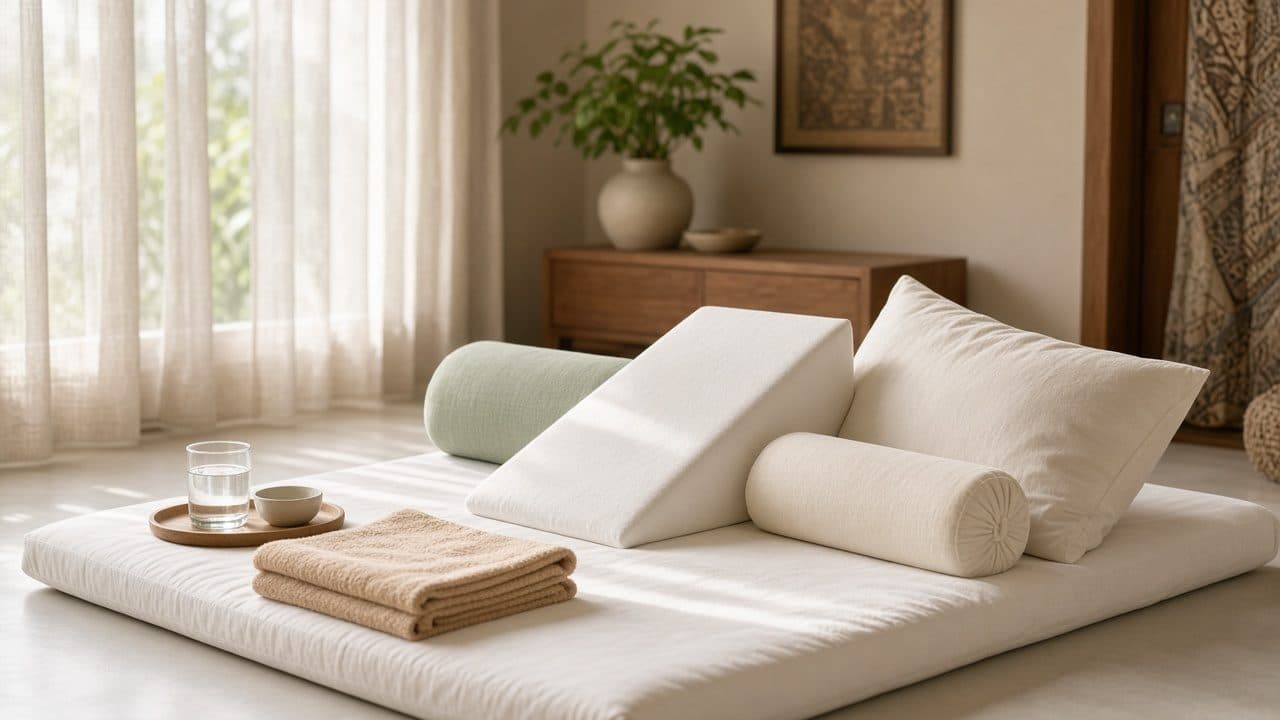 Bantal penyangga dan alas pijat prenatal yang disiapkan di kamar.