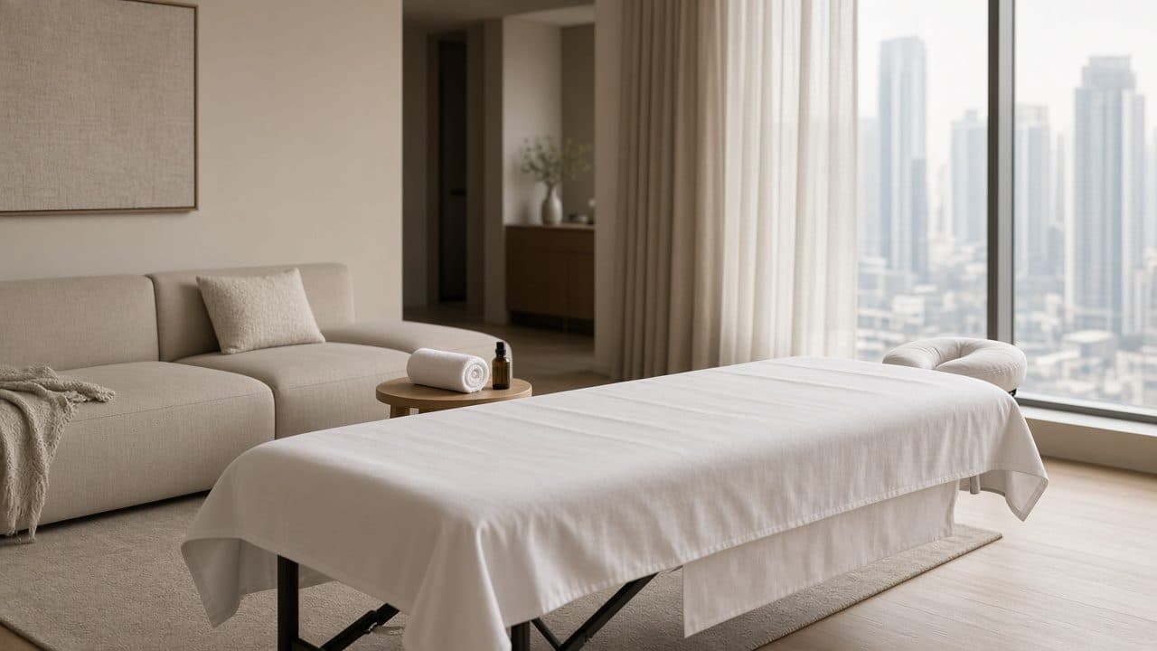 Meja pijat yang sudah disiapkan di apartemen Jakarta dengan pemandangan kota.